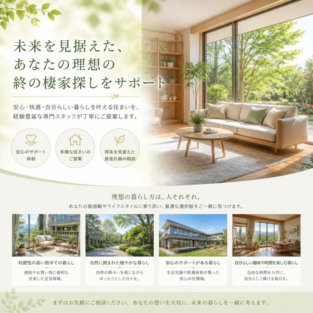 未来を見据えた、あなたの理想の終の棲家探しをサポート